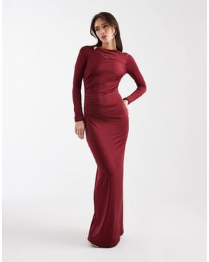 4th & Reckless Ruched Side Long Sleeve Metal Cut Out Detail Maxi Dress - Red