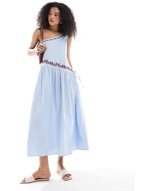 Native Youth Embroidered One Shoulder Linen Midaxi Dress - Blue