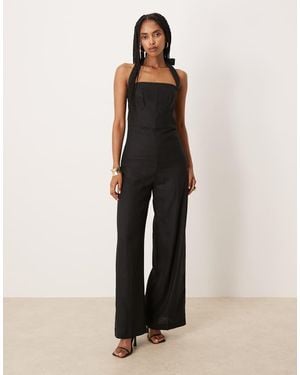 Mango Tuta Jumpsuit Nera Allacciata Al Collo Con Scollo Squadrato E Piega Frontale - Nero