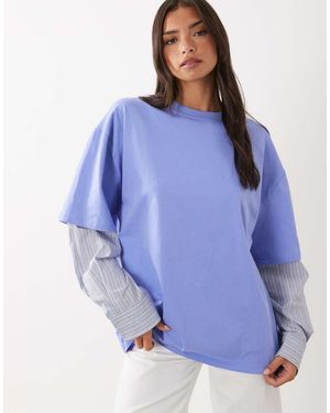 Lioness Camiseta Extragrande Con Diseño 2 En 1 De Camisa Gris A Rayas Superpuesta De Manga Larga-Azul