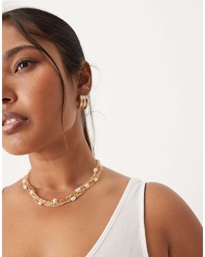 ASOS Asos Design Curve Choker Necklace With Multi-row Chains And Faux Pearls - Brown