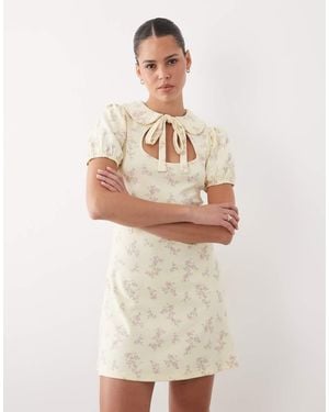 Miss Selfridge Floral Printed Mini Rib Mini Dress With Peter Pan Collar - Natural