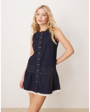 Neon Rose Denim Button Front Pinny Shift Dress - Blue