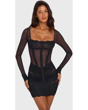 Oh Polly Mesh-minikleid mit eckigem ausschnitt und spitzenbesatz - Schwarz