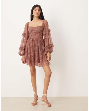 LACE & BEADS Balloon Sleeve Ruffle Lace Mini Dress - Pink
