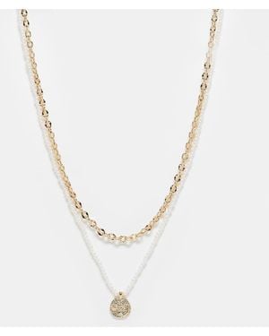 ASOS Pack Of Two Necklaces With Chain And Faux Pearl Row And Texture-Tone Pendant - White