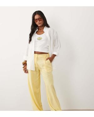 ASOS Asos Design Petite Relaxed Straight Leg Trousers With Linen - White