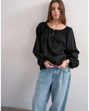 TOPSHOP Blusa Negra De Corte Trapecio Con Lazada Delantera De Lino De - Negro