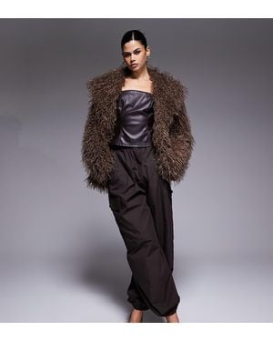 The Frolic Exclusive Faux Mongolian Fur Oversized Collar Coat - Grey