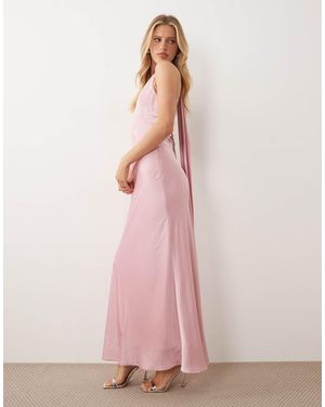 TFNC London Bridesmaids Satin V Neck Lace Up Open Back Detail Scarf Neck Maxi Dress - Pink