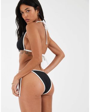 Wolf & Whistle Tie Side Bikini Bottoms With Contrast Piping - Natural