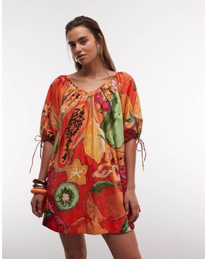 ASOS Vestido Corto Con Cuello Ancho Y Lazadas En Las Mangas De Popelina - Rojo