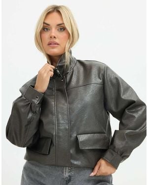 Yours Clothing Faux Leather Funnel Neck Jacket - Grey