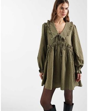 Daisy Street Long Sleeve Mini Smock Dress With Ruffles - Green