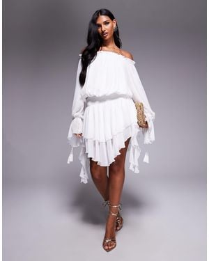 Aria Cove Chiffon Off The Shoulder Drape Detail Tiered Hem Mini Dress - Purple