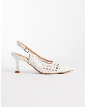 Glamorous Slingback Woven Heeled Shoes - White