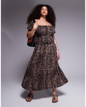 ASOS Asos Design Curve Crinkle Shirred Waist Milkmaid Puff Sleeve Midi Tea Dress - Brown
