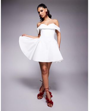 Lavish Alice Satin Off Shoulder Lace Up Puff Mini Dress - White