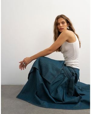 TOPSHOP X Cara Denim Waterfall Drape Pleated Skirt - Blue
