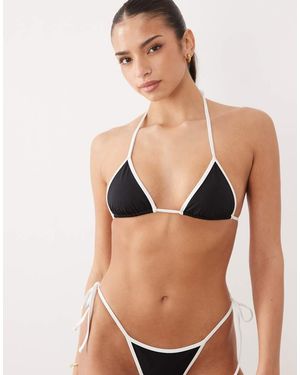 Oh Polly Tie Side Contrast Binding Micro Bikini Top Co-Ord - Black