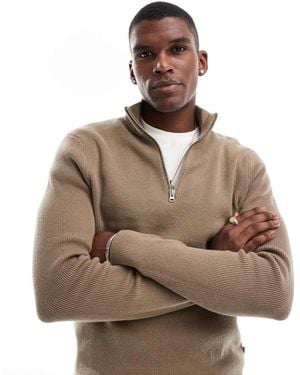 Only & Sons Ribbed Half Zip Jumper - Brown