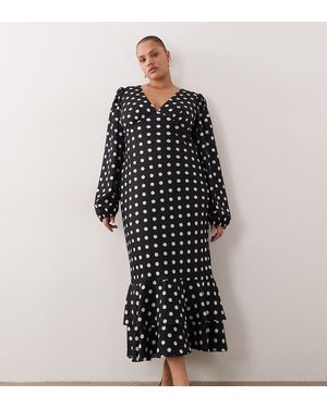 Lace & Beads Plus Vestido Largo Monocromático Con Estampado De Lunares, Escote Pronunciado, Mangas Globo Y Bajo Escalonado Con Volantes De -Negro