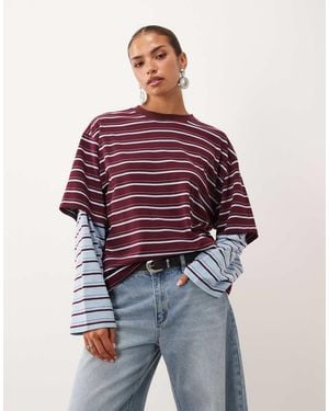 Lioness 2-In-1 Oversized T-Shirt-Overlaag En Gestreept Overhemd Met Lange Mouwen - Rood