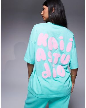 Kaiia Puff Printed Logo Oversized T-shirt - Blue