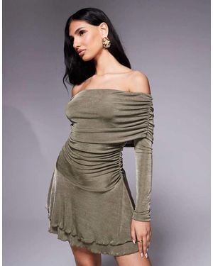 Aria Cove Textured Slinky Deep Bardot Ruffle Hem Mini Dress - Grey