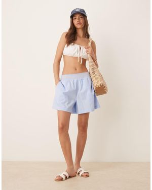 ASOS Linen Blend Shirred Contrast Waist Shorts - Blue