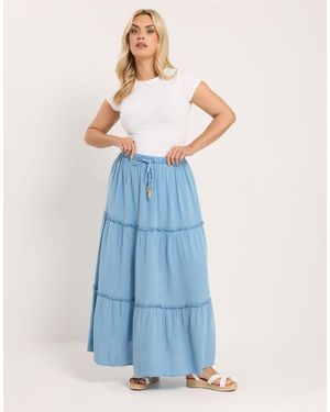 Yours Clothing Chambray Tiered Maxi Skirt - Blue