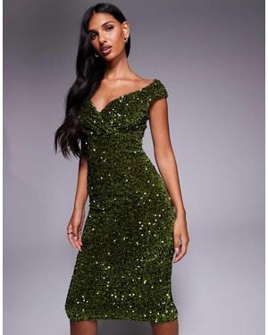 Goddiva Multi Sequin & Velvet Bardot Midi Dress - Green