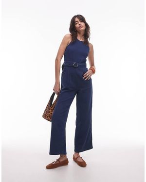 Mango Straight Leg Denim Jumpsuit With Belt Detail - Blue