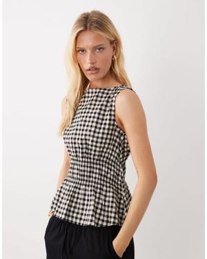 ARKET Top en coton majoritaire à corsage froncé et carreaux vichy - noir et blanc