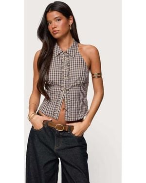 Edikted Imrie Plaid Collared Halter Top - Grey