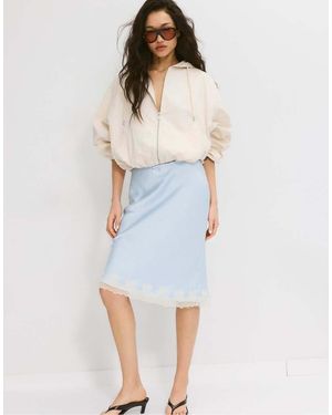Stradivarius Satin Skirt With Contrast Lace - Blue
