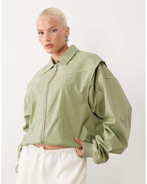 Lioness Exclusive Vista Leather Look Contrast Stitch Bomber Jacket - Green
