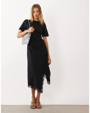 ASOS Short Sleeve With Lace Detail With Asymmetric Midi Dress - Black