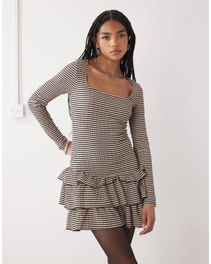 Collusion Gingham Textured Square Neck Long Sleeve Dress - Brown