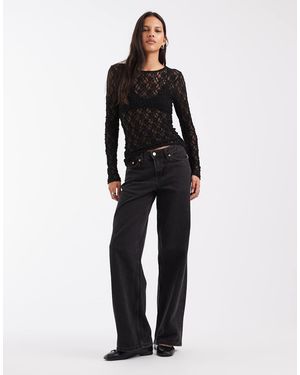 Pieces Long Sleeve Lace Top - Black