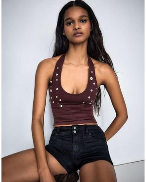 Bershka Top Met Halternek En Knopen - Blauw