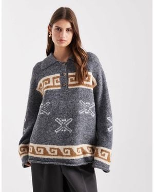 Object Polo oversize en maille motif jacquard - moyen chiné - Gris