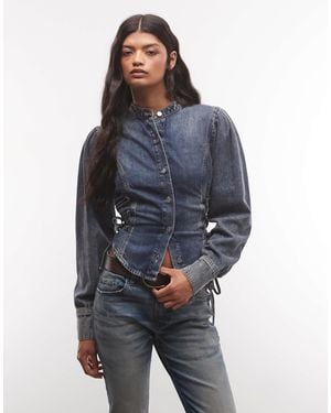 AllSaints Evanna Long Sleeve Mock Neck Tie Up Denim Shirt - Blue