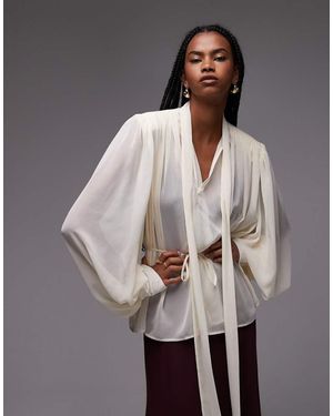ASOS Chiffon Shoulder Pad Boho Tie Blouse - Grey