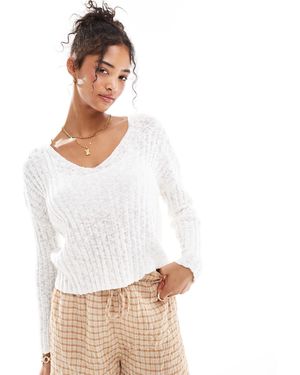 Mango – er pullover mit v-ausschnitt und weitmaschigem webmuster - Weiß