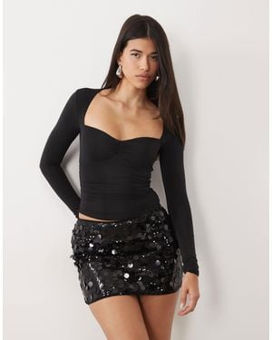 Oh Polly Soft Jersey Sweetheart Ruched Long Sleeve Top - Black