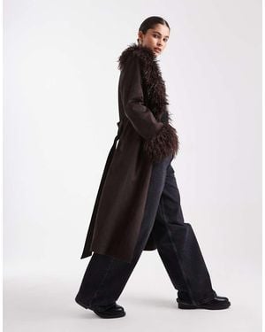 New Look Belted Suedette Faux Fur Mixed Coat - Black