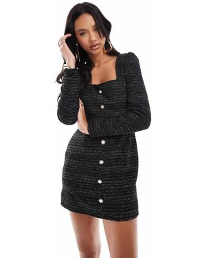 Kaiia Vestido Corto Abotonado Con Cuello Cuadrado De Bouclé De - Negro