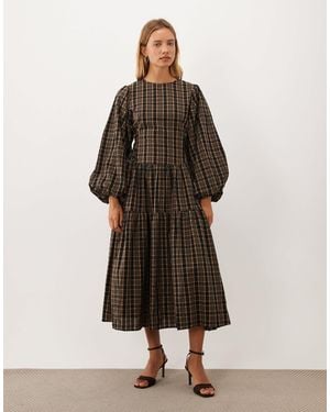 Ghospell Tamara Cotton Round Neck Blouson Sleeve Midi Dress - Brown