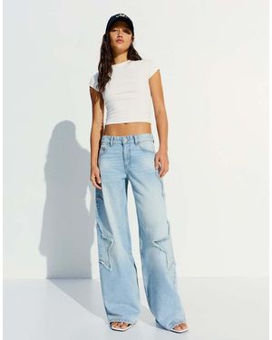 Bershka Low-rise Boyfriend Jeans With Stars - Blue